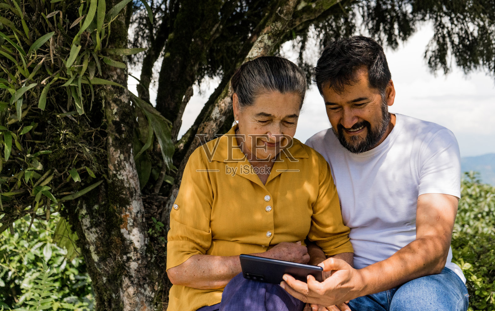 成年男女都在看手机，用手机互动照片摄影图片