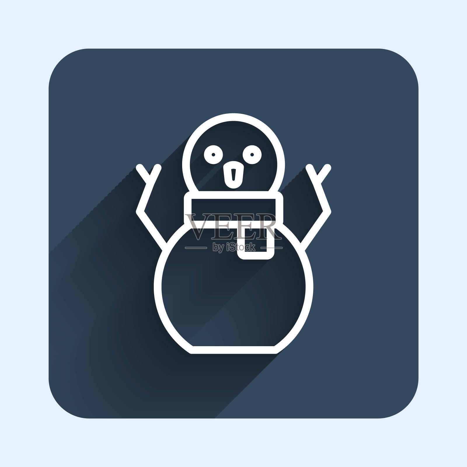 白色线条圣诞雪人图标，长阴影背景。圣诞快乐，新年快乐。蓝色方块按钮矢量图插画图片素材