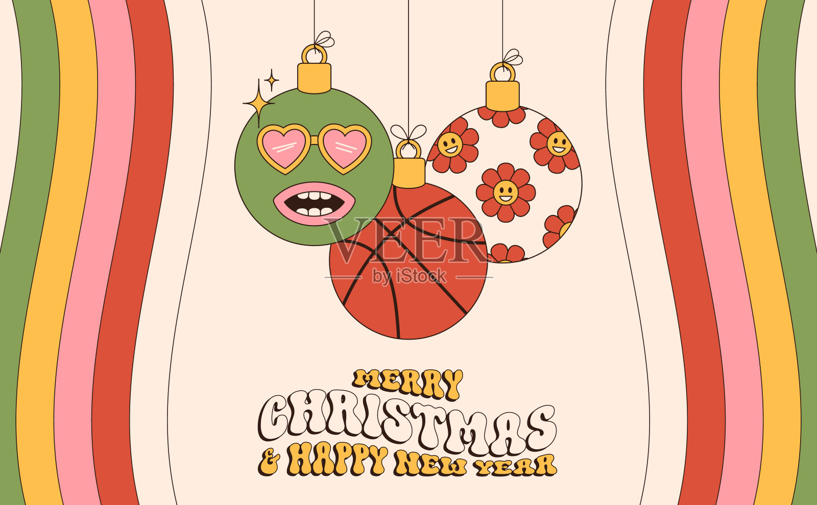 篮球圣诞快乐新年运动贺卡。悬挂的球在充满活力的背景上作为时髦的圣诞球。矢量插图。插画图片素材