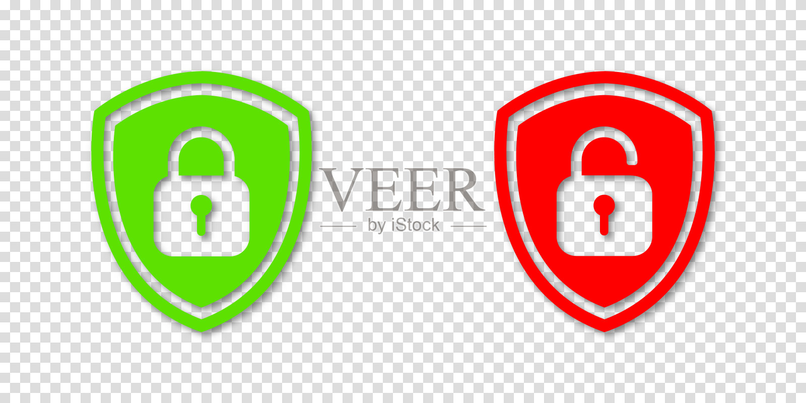 绿色锁和红色解锁挂锁与盾状图标。透明背景上的矢量剪贴画插图。关于安全信息的网站或移动应用程序。插画图片素材