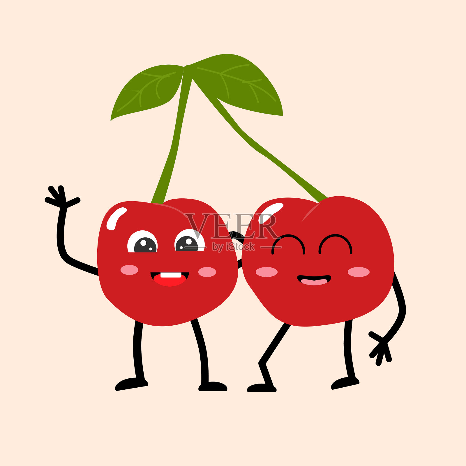 可爱的樱桃在粉红色的背景上微笑。插画图片素材
