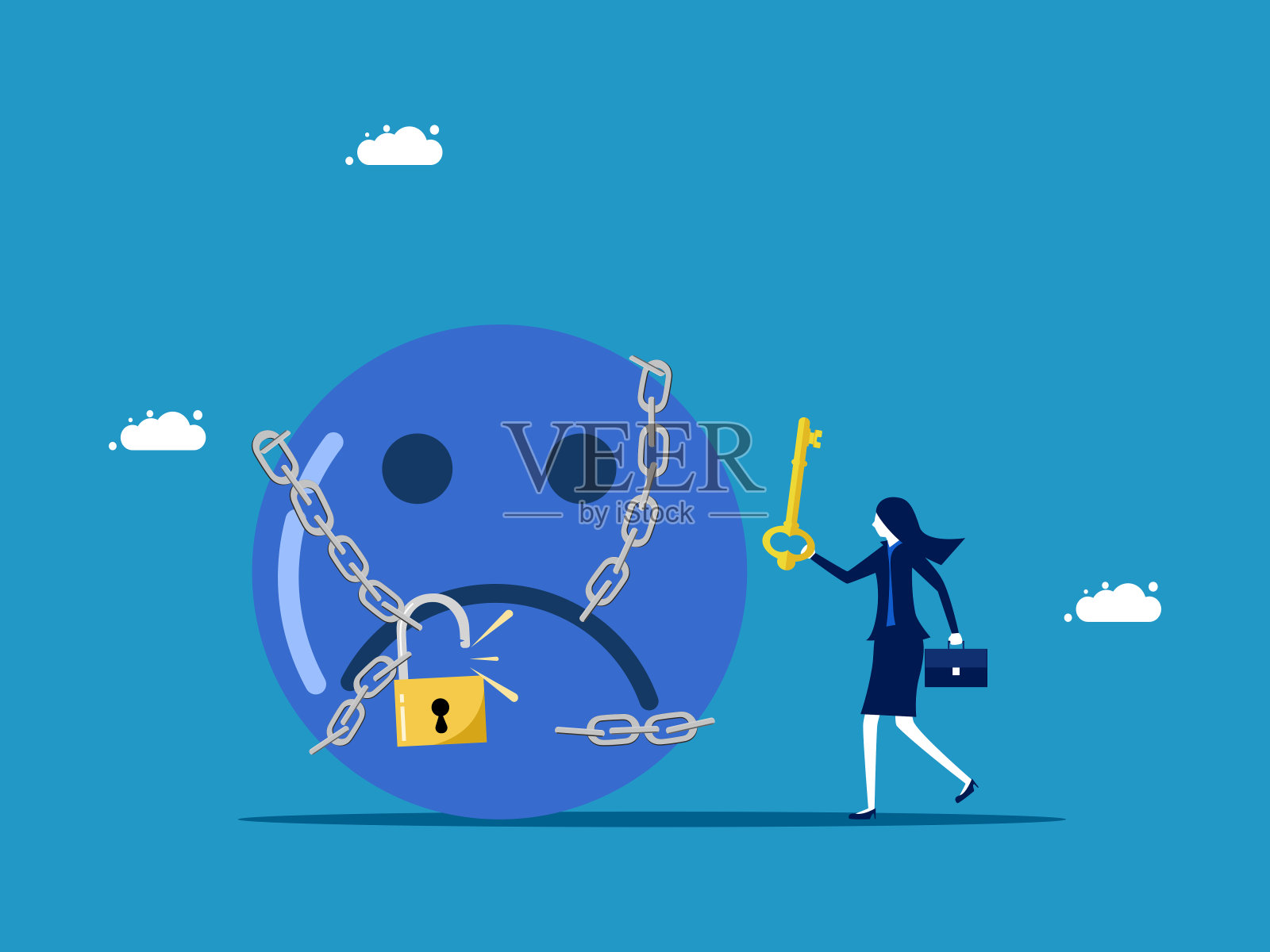 消极的世界观。女商人用钥匙解开负面情绪的枷锁插画图片素材