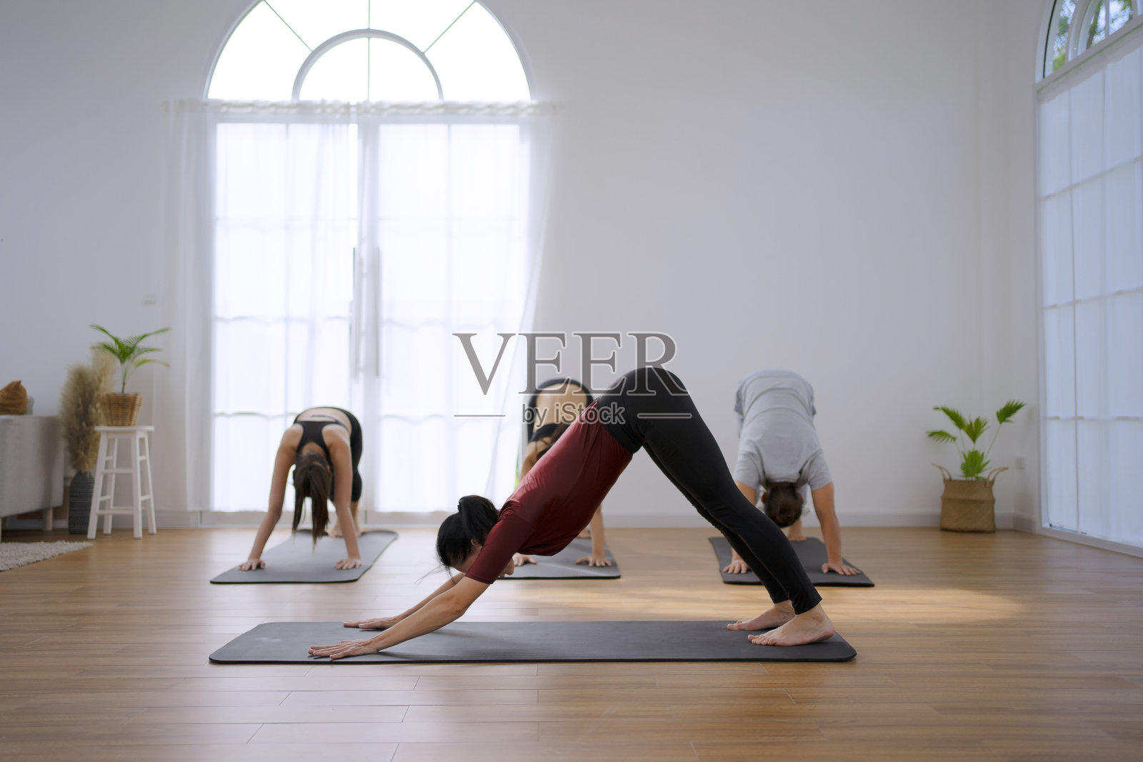 一群人在练瑜伽。照片摄影图片