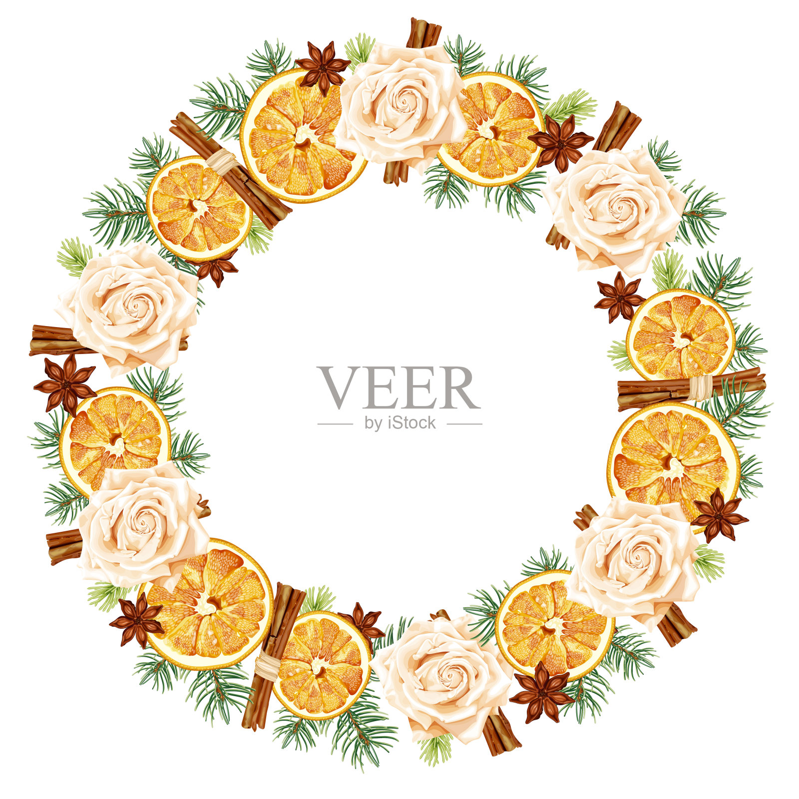 圣诞花环，框架与干橘子，冷杉，肉桂，八角。香气装饰。插画图片素材