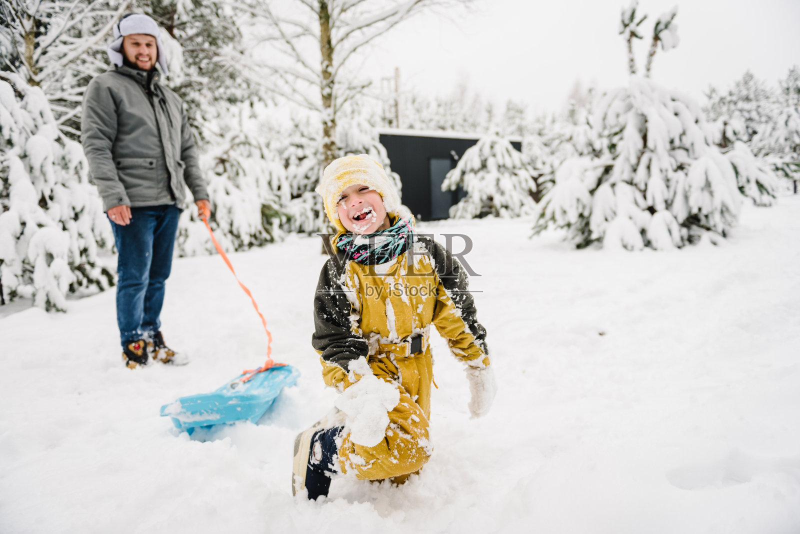 孩子掉进雪里，躺着。冬日里，爸爸拉着小儿子。孩子们在森林里乘着雪橇从山上滚下来。快乐的孩子和爸爸一起在雪道上骑雪橇。下雪时一家人在公园散步照片摄影图片