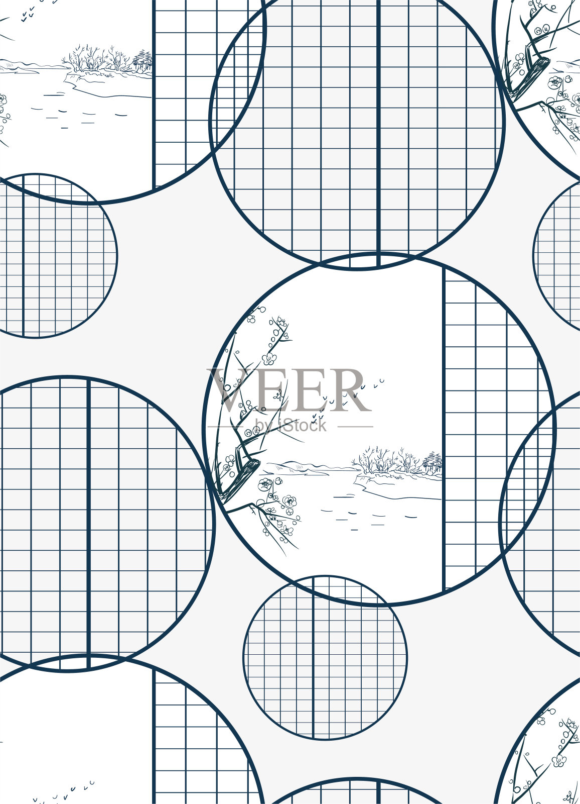 建筑纸墙日式中式设计素描水墨画风卡无缝图案插画图片素材