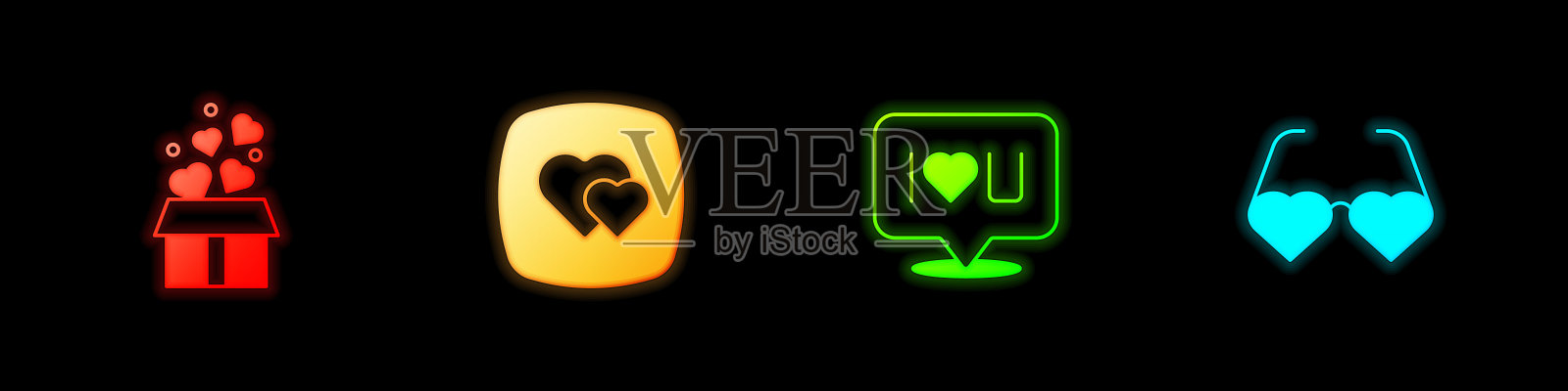 套装礼盒与心，心，言语气泡文字我爱你和形状的眼镜图标。向量插画图片素材