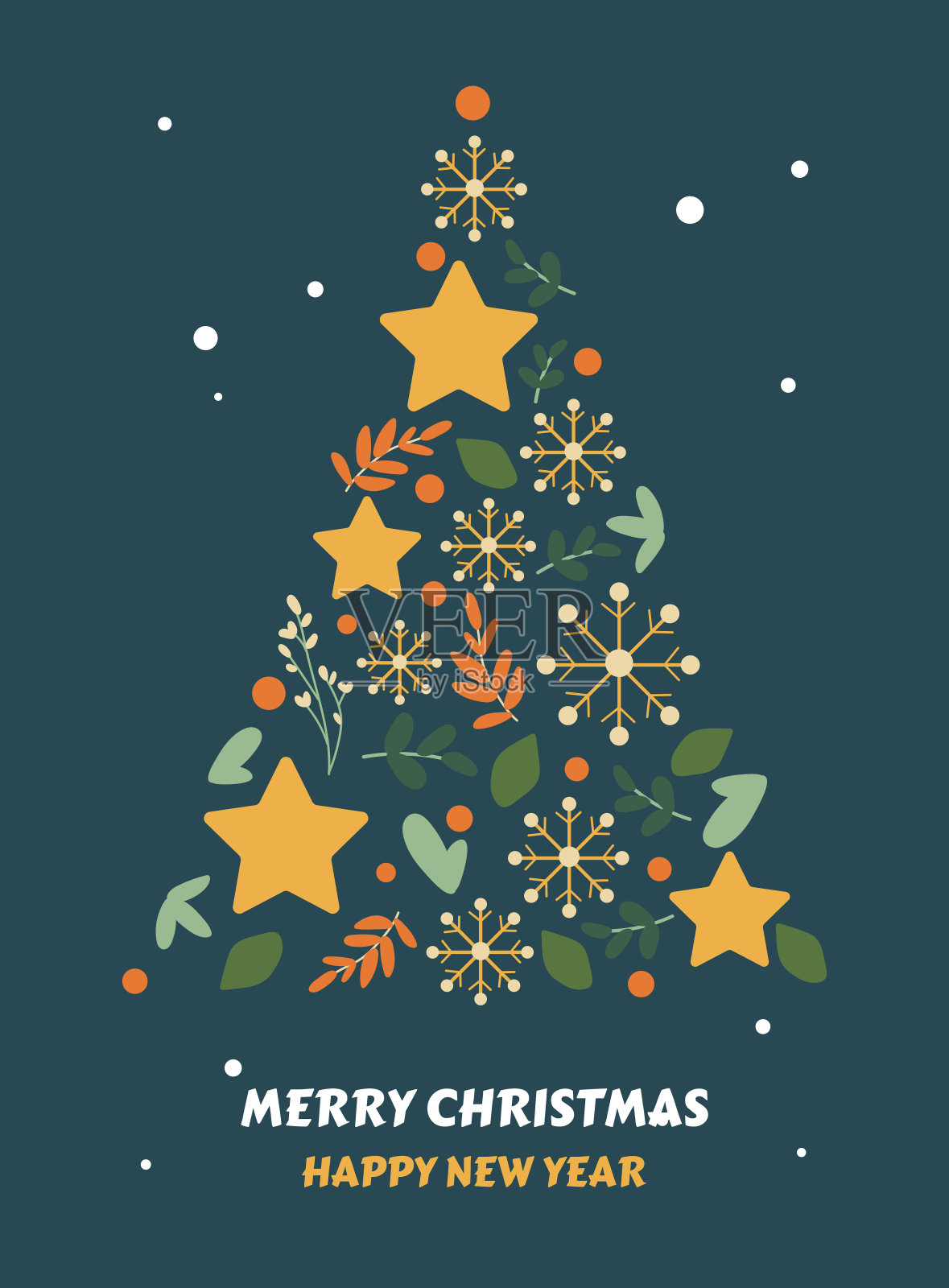 明信片与文字新年快乐，圣诞快乐与圣诞装饰和排版设计。插画图片素材