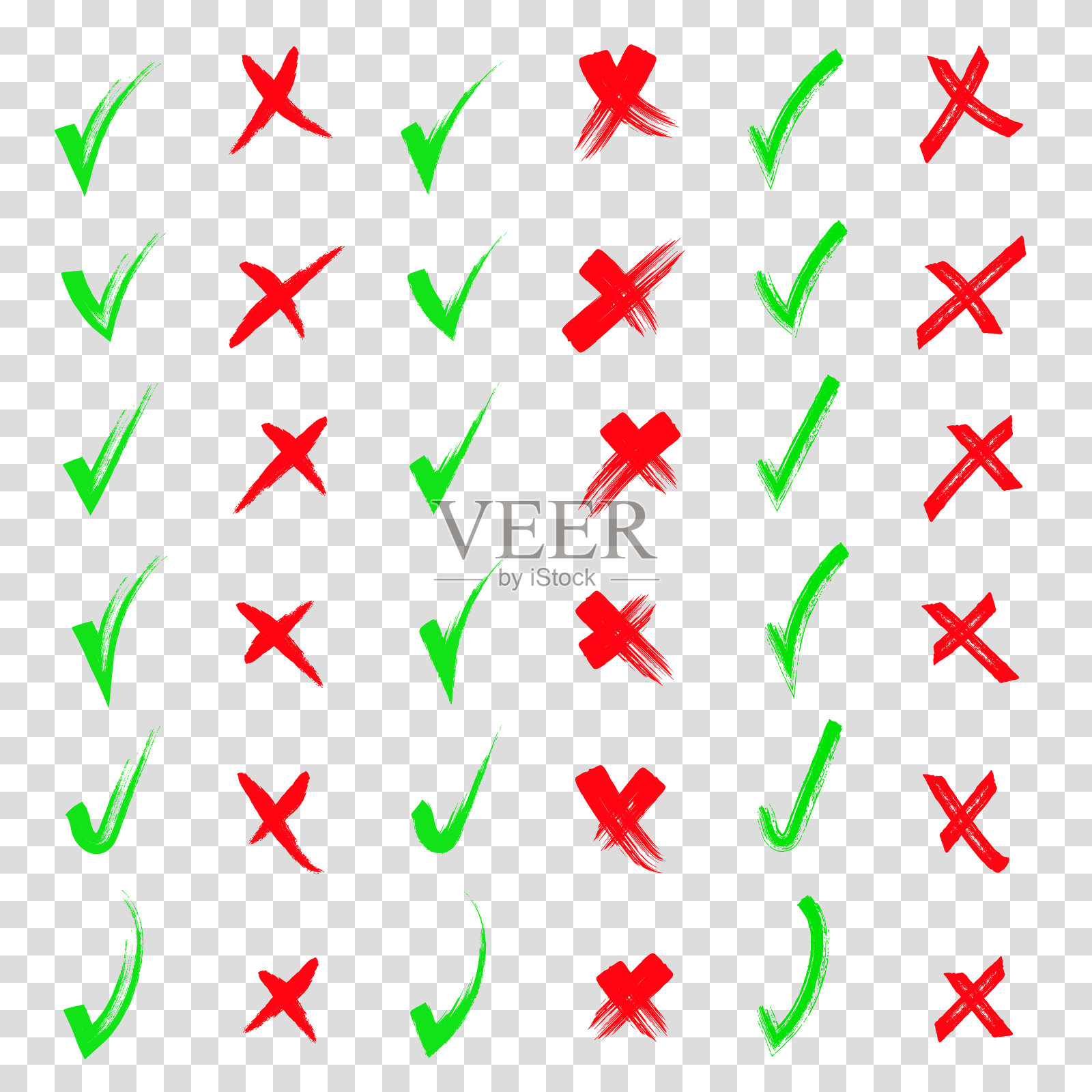 是也不是。红色和绿色的形状。刷手画的涂鸦和十字集。乱涂乱画，用笔画草图。铅笔手画的复选标记和小叉。透明背景。插画图片素材