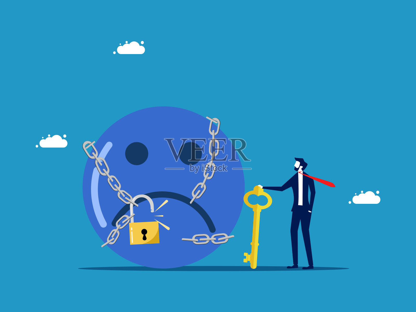 解决情绪问题。商人用钥匙解开链条上的负面情绪插画图片素材
