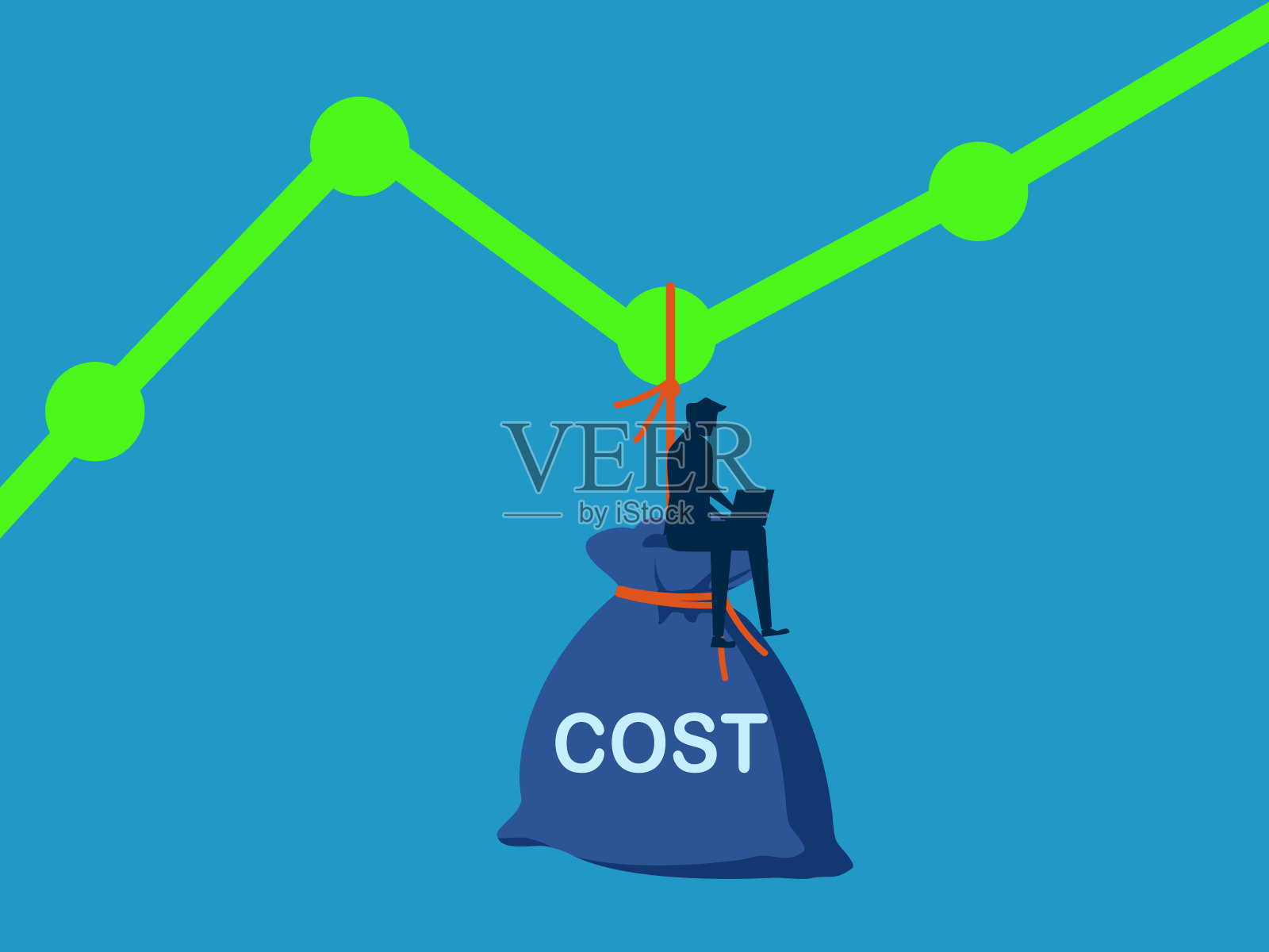 成本管理。男人用笔记本电脑分析成本图表。向量插画图片素材