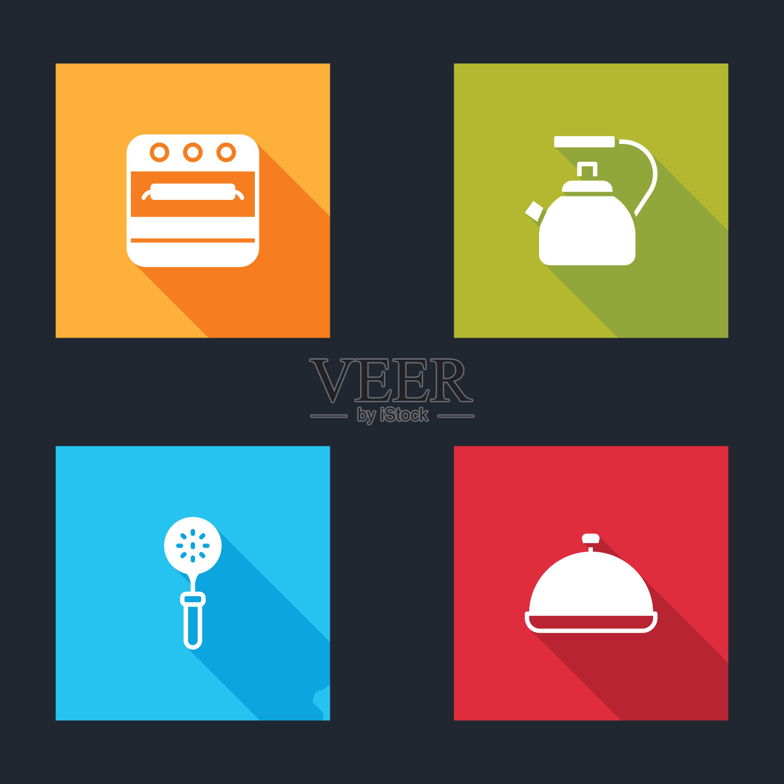 设置烤箱，带手柄的水壶，锅铲和有盖的食物图标托盘。向量插画图片素材