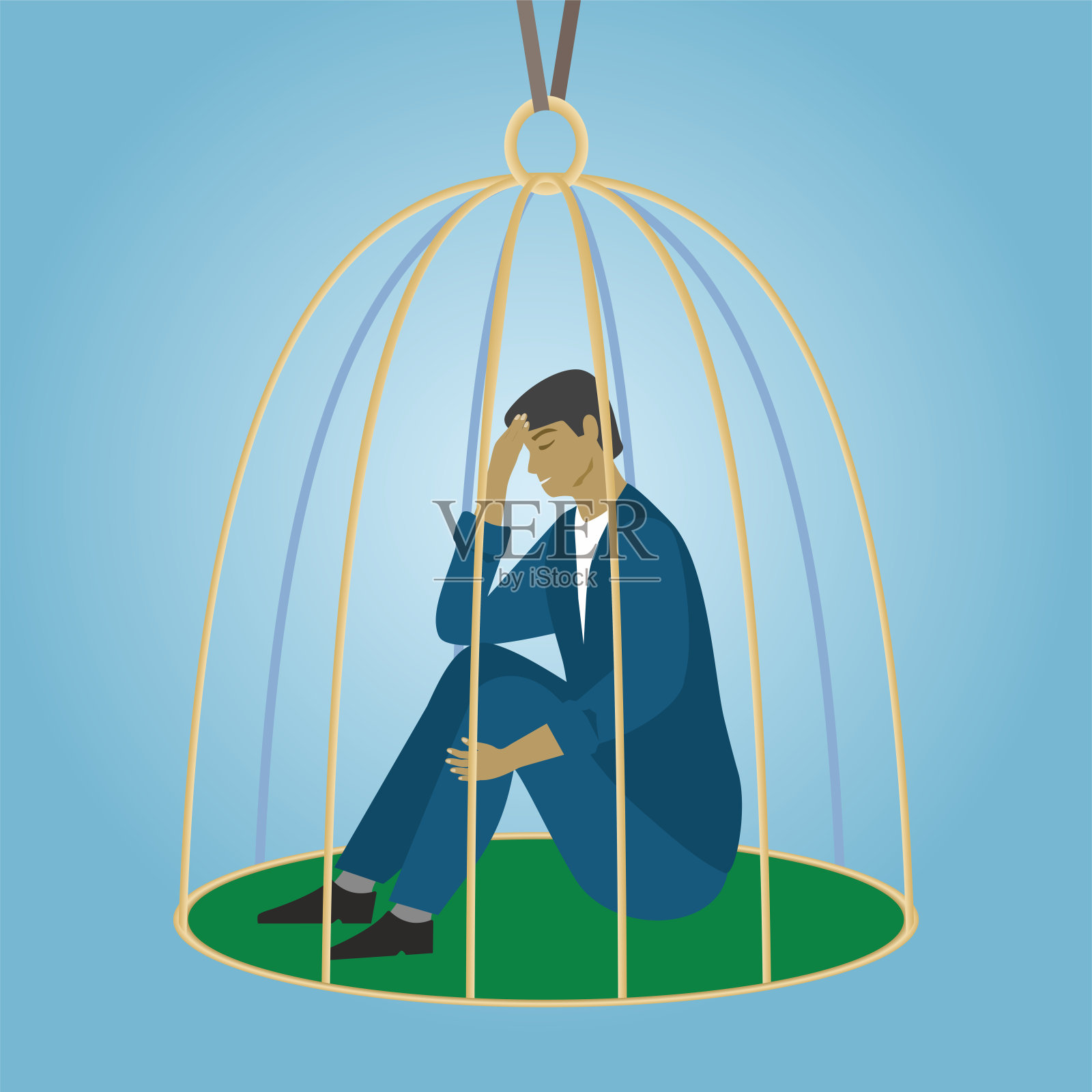 悲伤的男人，男孩被关在笼子里。矢量插图。插画图片素材