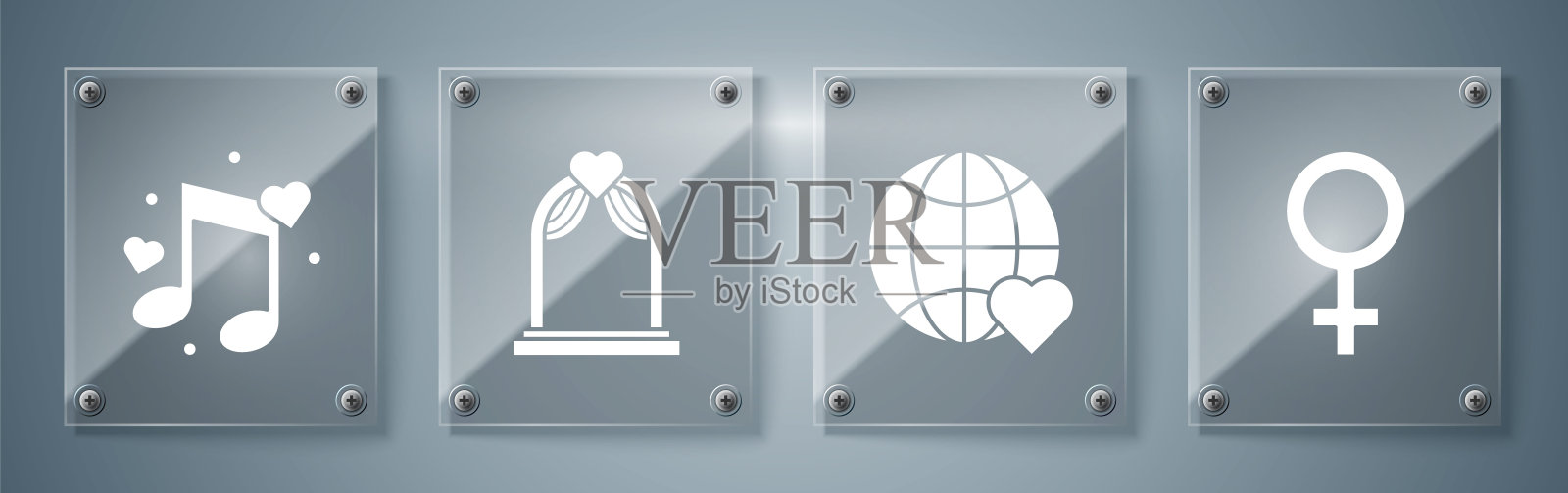 设定女性的性别象征，心系世界的爱情，婚礼的拱门和音乐的音符，用心灵的音调。方形玻璃板。向量插画图片素材