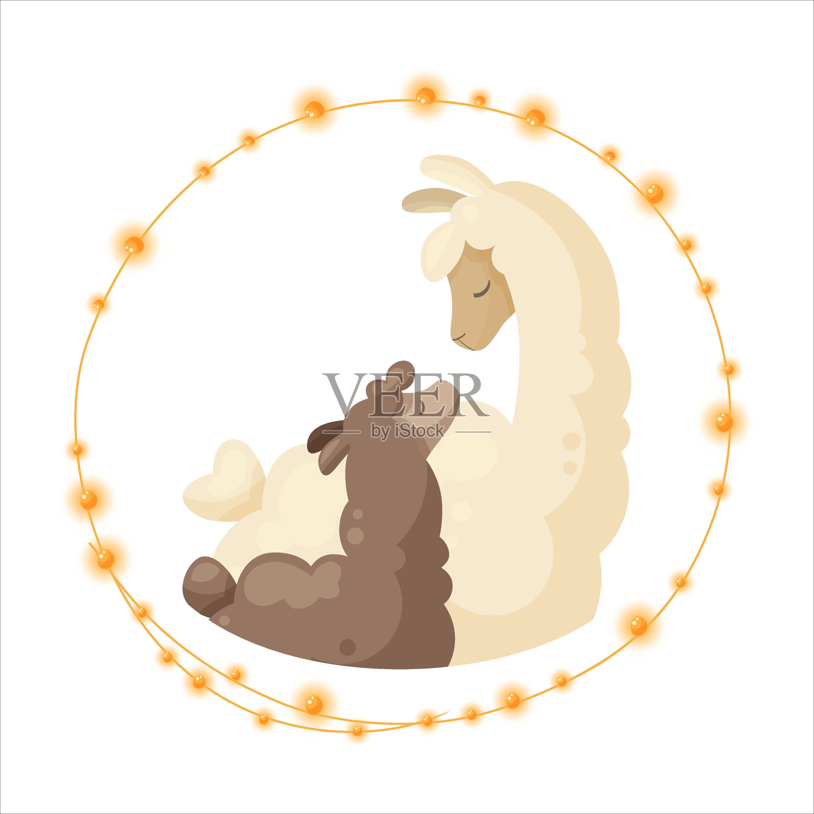 可爱的羊驼家庭，羊驼妈妈带着孩子。快乐的羊驼家庭被花环和彩灯包围。矢量插图设计卡片为家庭日，母亲节，父母日，生日，性别派对。插画图片素材