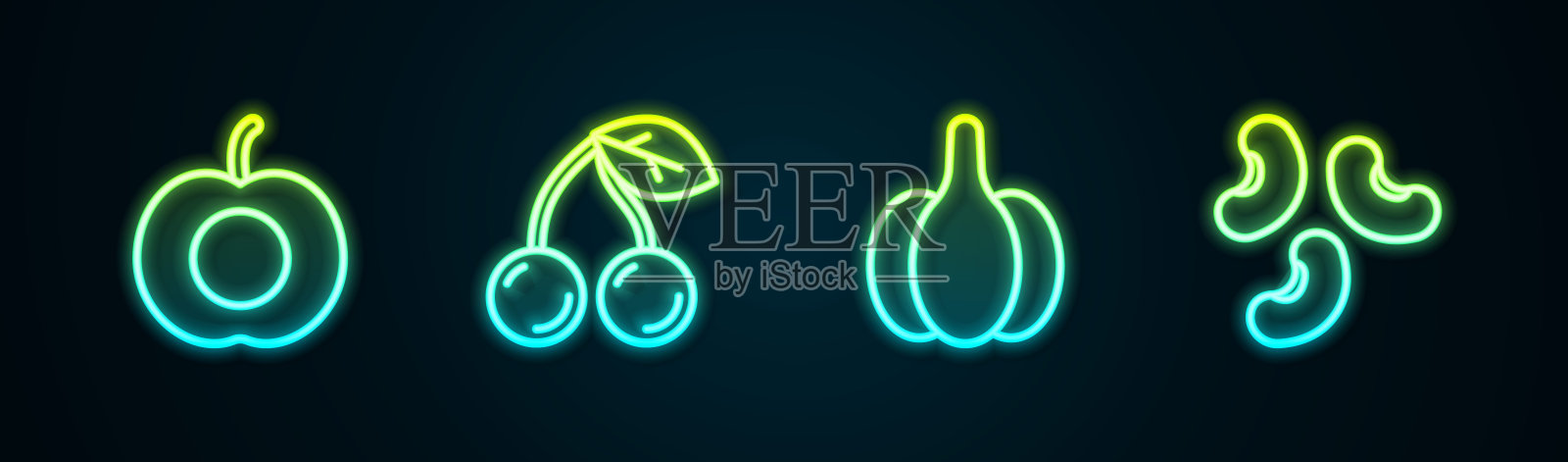 桃，樱桃，大蒜和豆类。发光的霓虹灯图标。向量插画图片素材