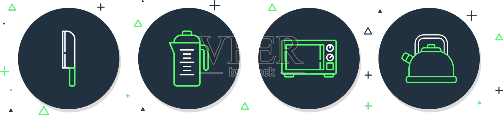 设置茶壶、微波炉、刀和水壶设计元素图片