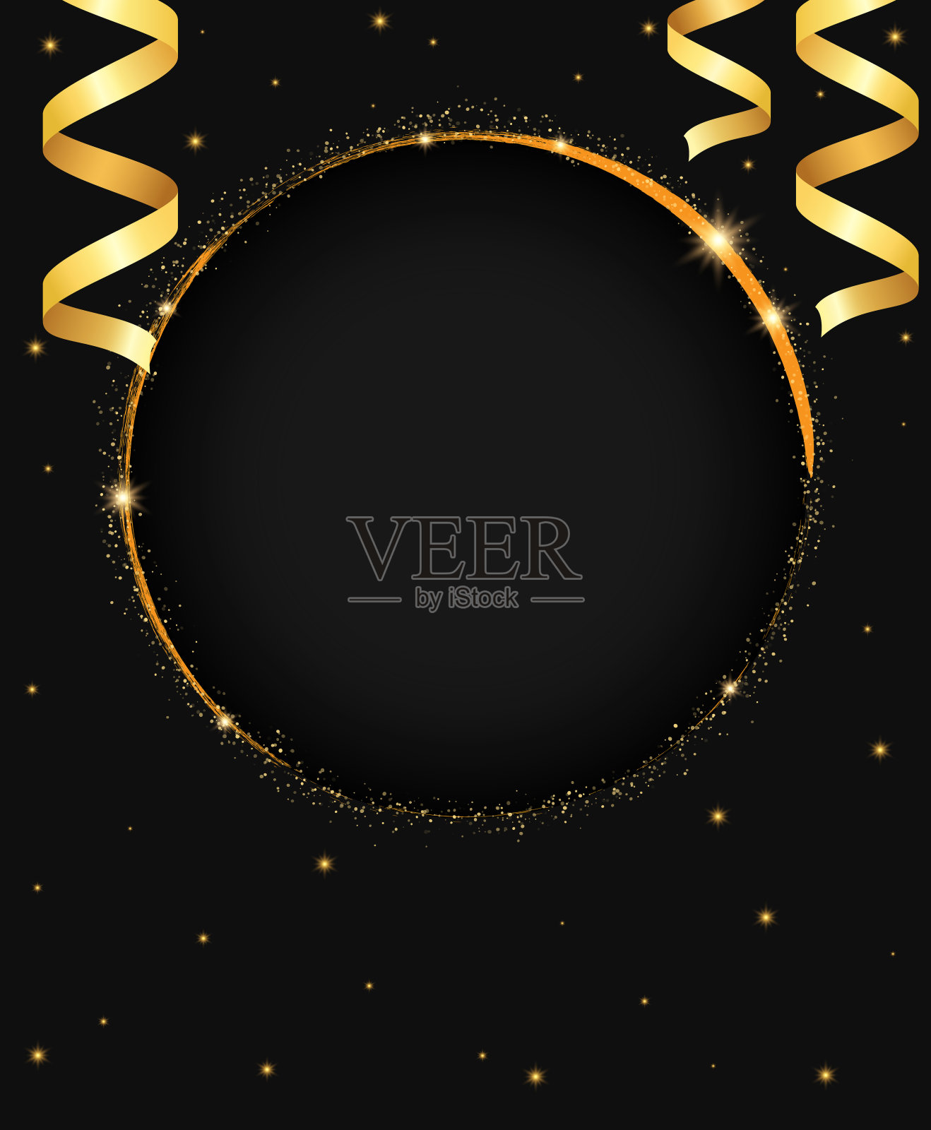 圣诞节和新年矢量黑色背景闪闪发光的圆形横幅，节日丝带和灰尘插画图片素材