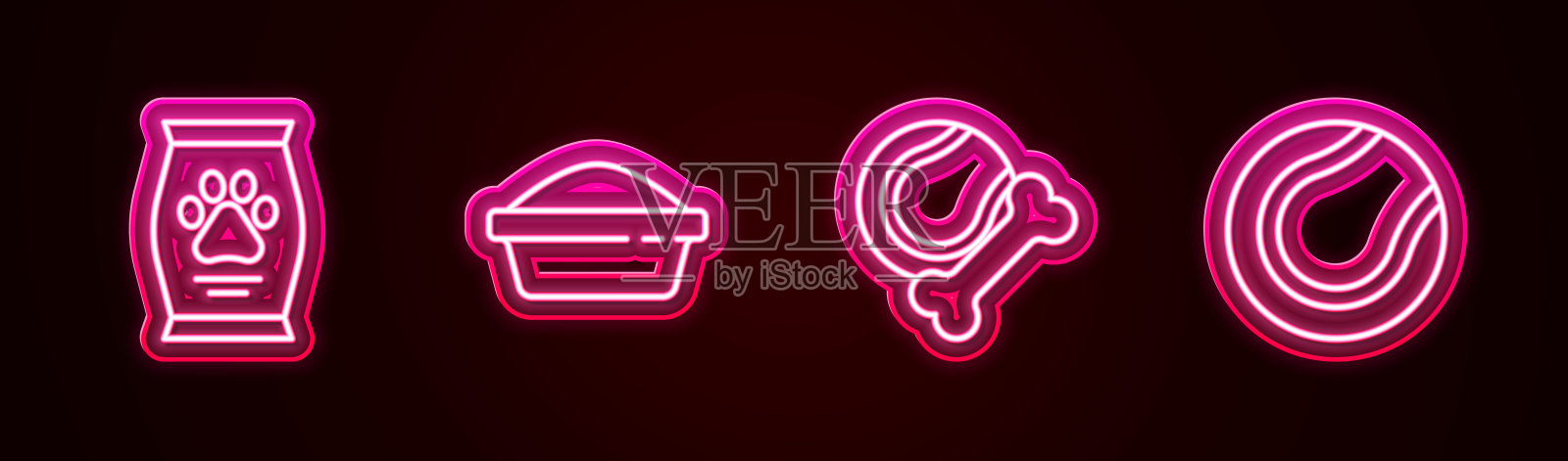 食品袋，宠物碗，玩具，骨胶，球和网球。发光的霓虹灯图标。向量插画图片素材