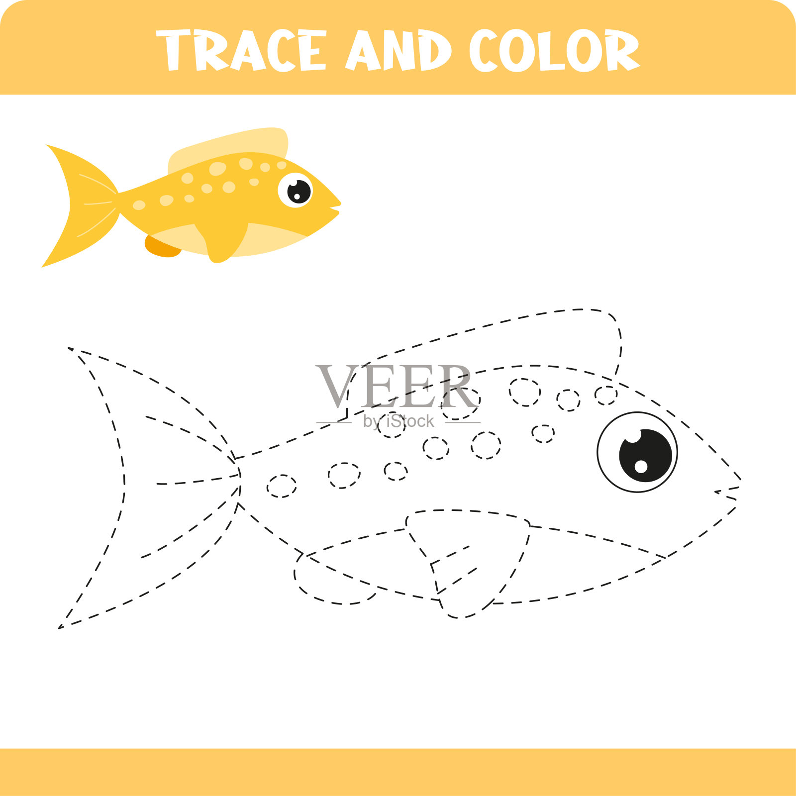 儿童描色游戏。活动工作表。大纲的鱼插画图片素材