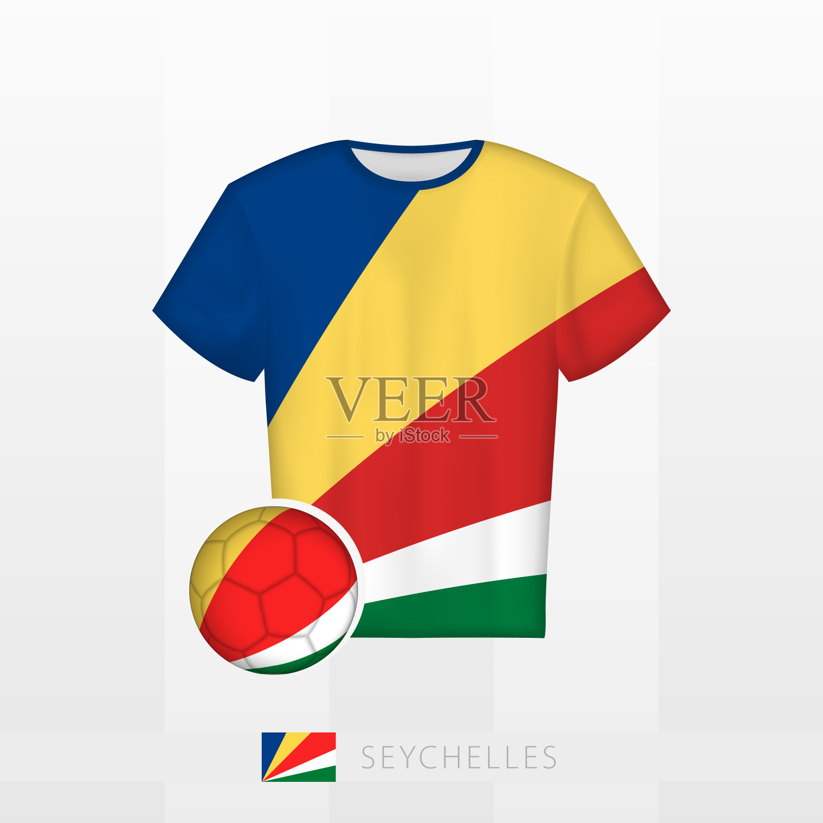 塞舌尔国家队的足球制服，上面印有印有塞舌尔国旗的足球。足球球衣和带旗的足球。插画图片素材