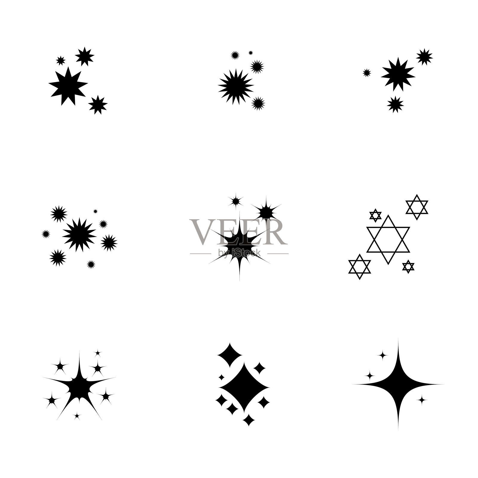 一组闪亮发光的星星，闪耀的星星图标，以及带有节日装饰颗粒的星星，创造出抽象的直线效果。闪烁的星星，在这个矢量插图。插画图片素材