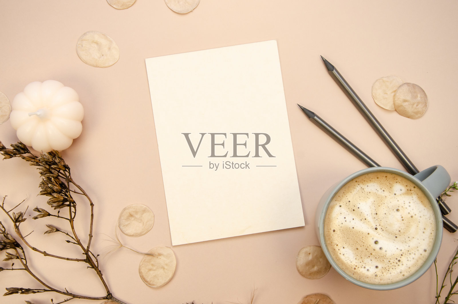 秋天最小的明信片卡片邀请模型咖啡色米色水平背景与干棕色的树枝照片摄影图片