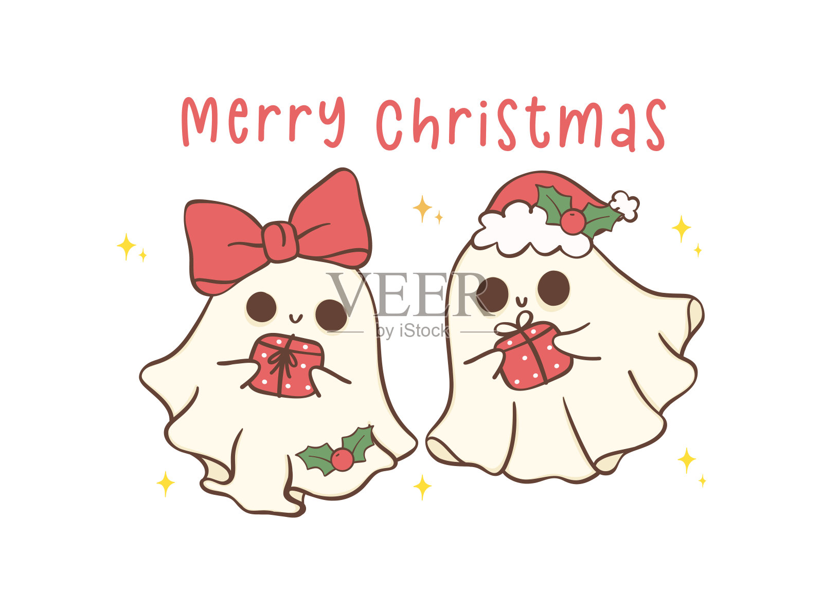 可爱和卡哇伊圣诞鬼与礼物。节日贺卡节日卡通手绘与可爱的姿势。插画图片素材