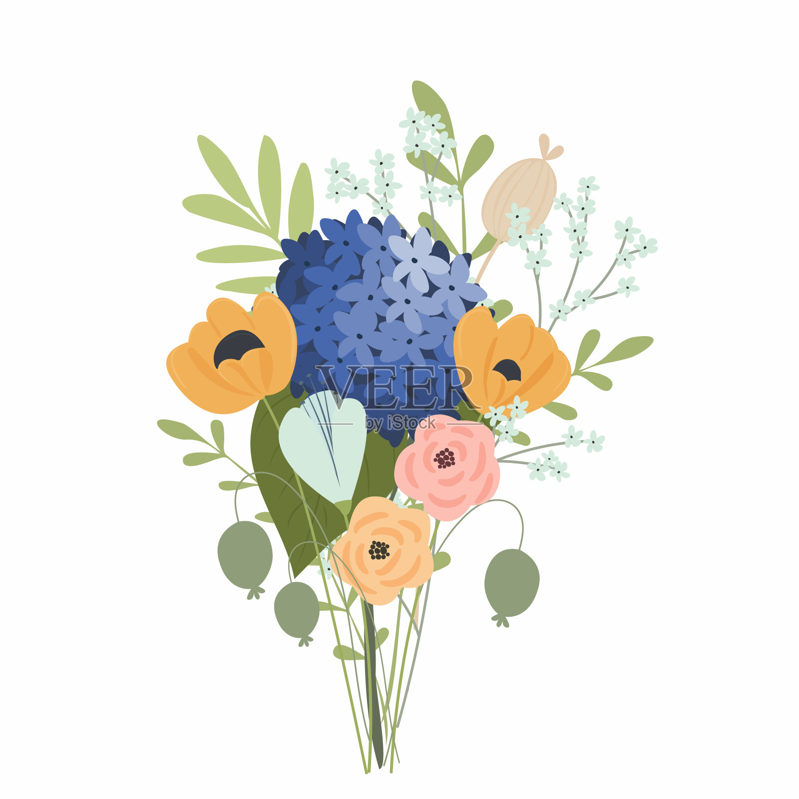 春天的气味。花束中各种各样的花。手绘矢量插画图片素材