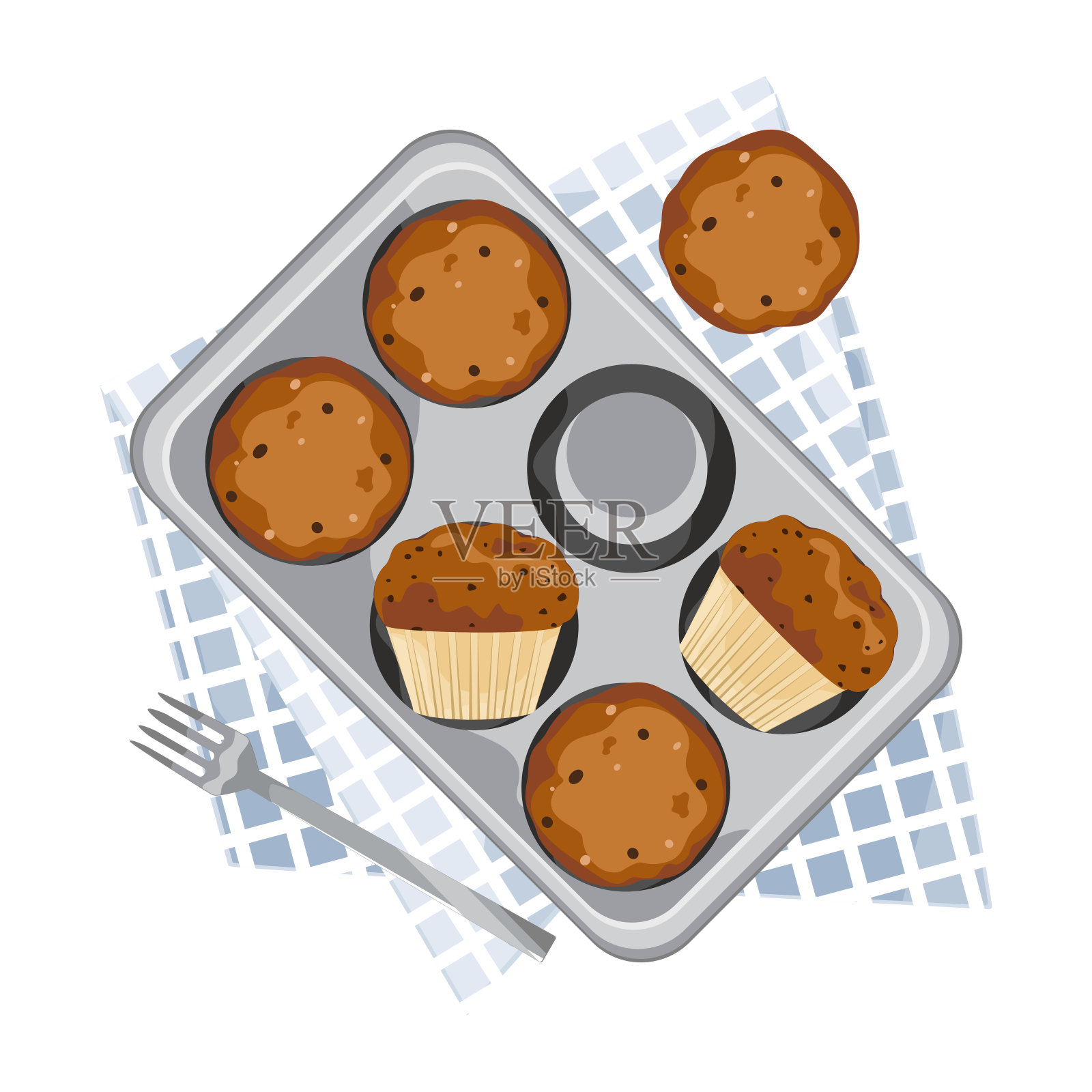 矢量插图巧克力纸杯蛋糕烤在托盘收集可爱的糖果孤立在一个白色的背景。插画图片素材