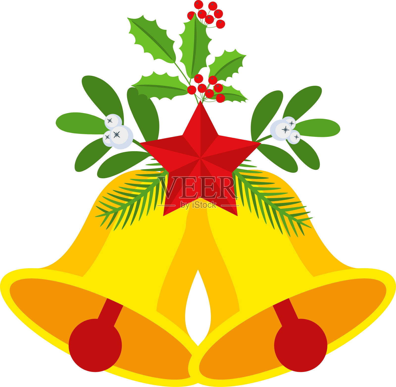 两个饰有红星和花环的圣诞钟。插画图片素材