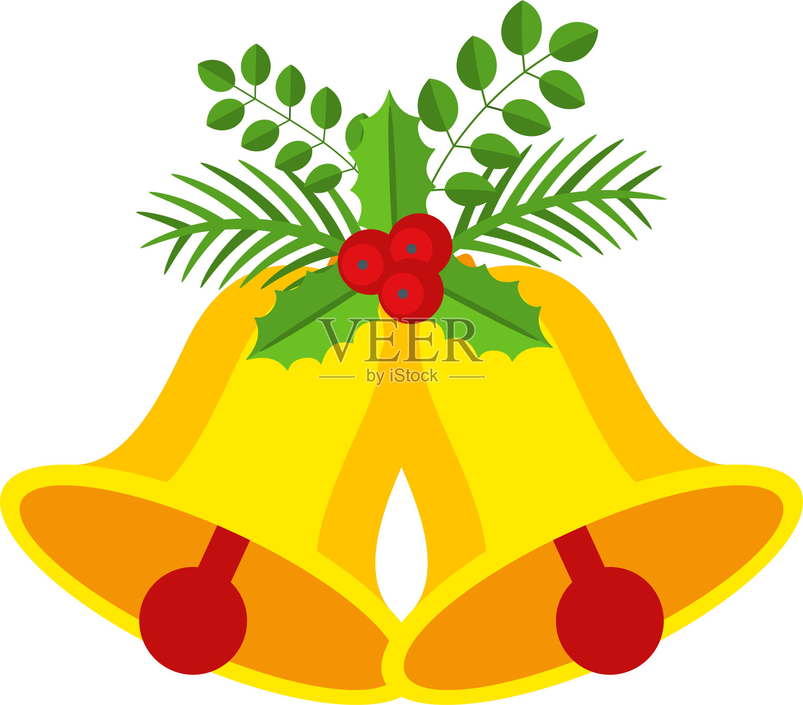 两个圣诞铃铛和冬青浆果花环。插画图片素材