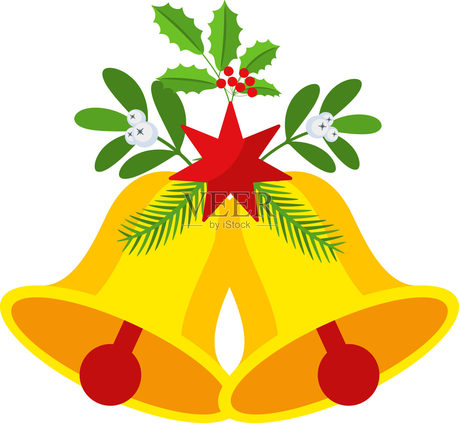 两个饰有红星和花环的圣诞钟。插画图片素材