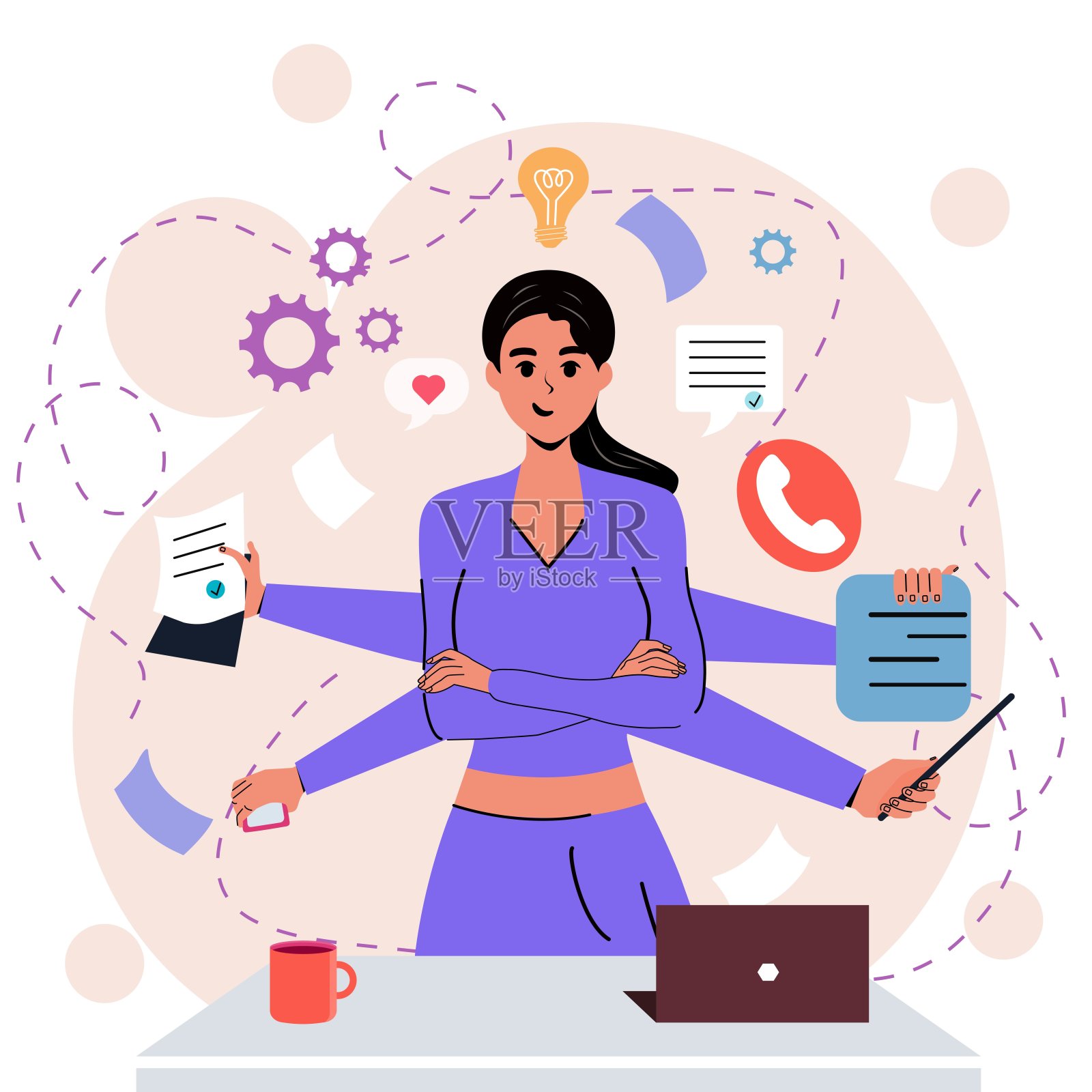 多任务的女孩。平插画图片素材