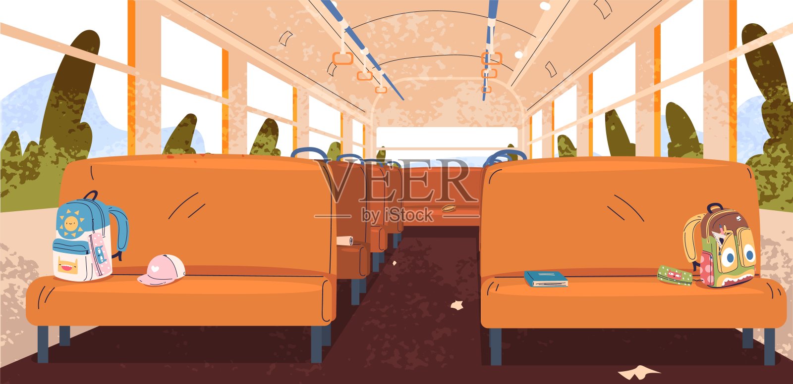 校车内部。走廊座位内空的汽车，公共交通卡通内部背包客旅行在欧洲或儿童道路交通，经典的矢量插图插画图片素材