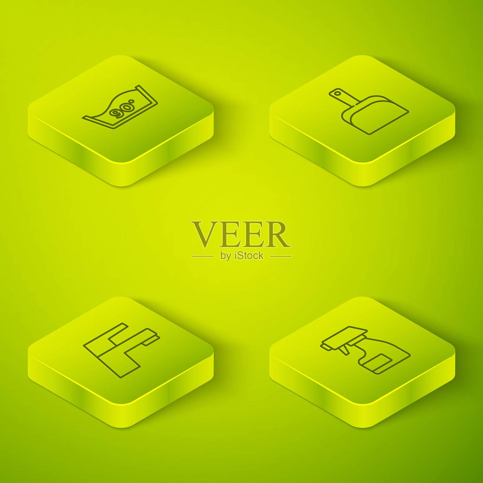 设置等距线簸箕，水龙头，清洁喷雾瓶和温度清洗图标。向量插画图片素材