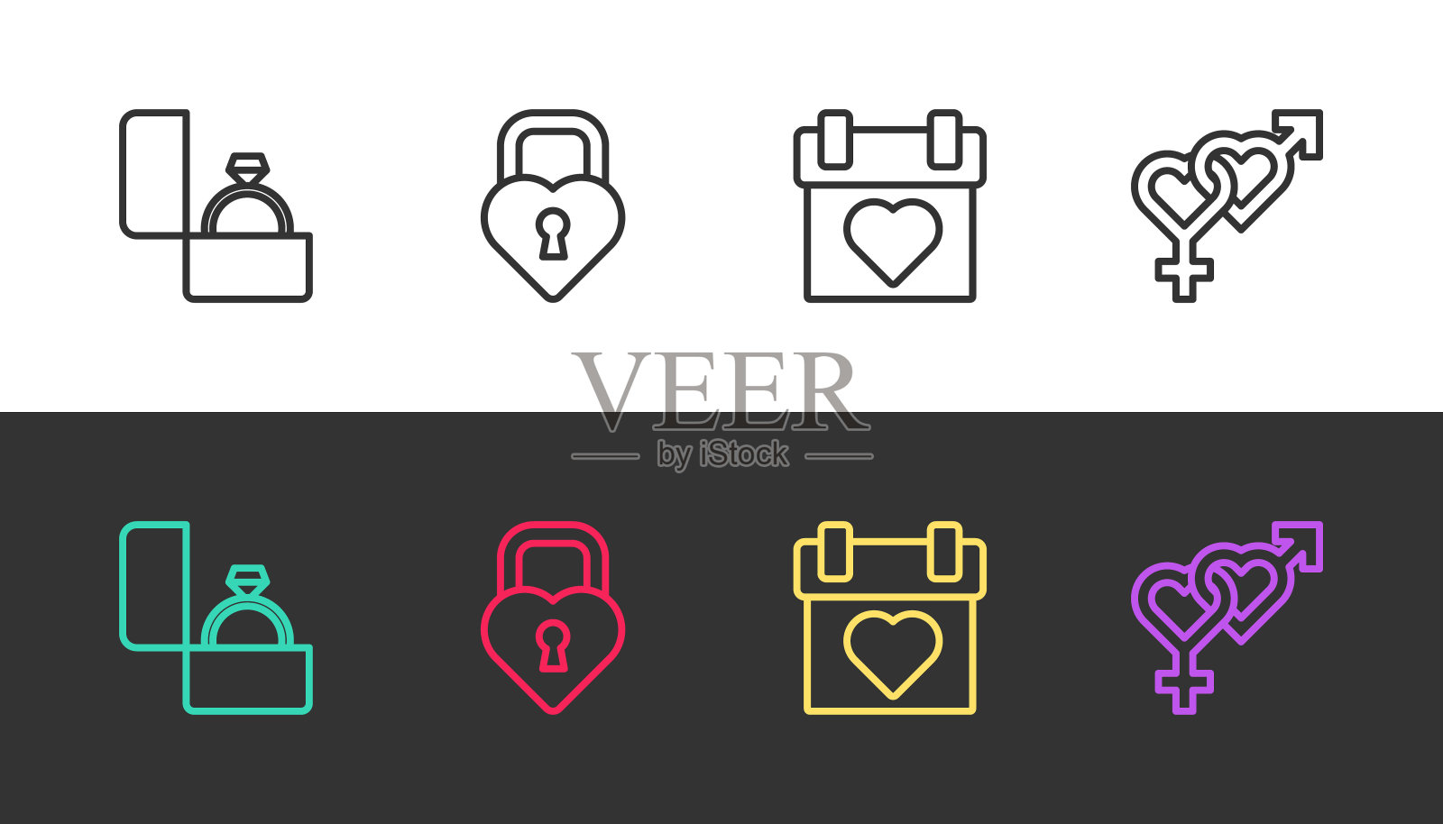 镶线钻石订婚戒指，城堡心形图案，黑白相间的日历和性别。向量插画图片素材