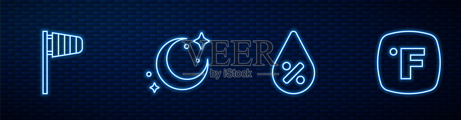 设置线水滴百分比，圆锥风袜风向标，月亮和星星和华氏度。砖墙上发光的霓虹灯图标。向量插画图片素材