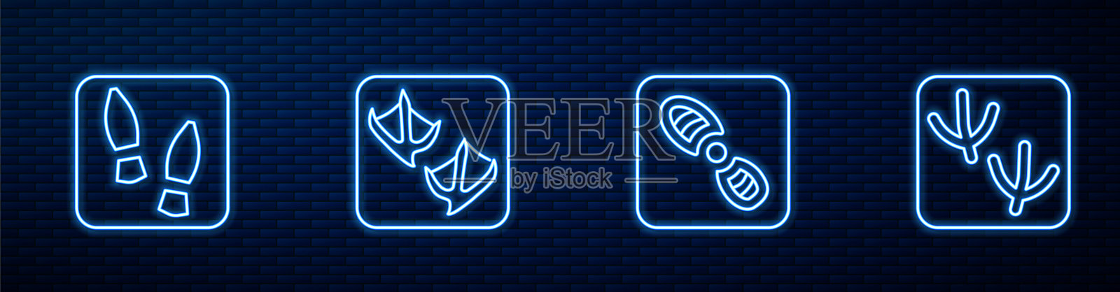 人的脚印鞋子，海鸥的爪子和鸽子。砖墙上发光的霓虹灯图标。向量插画图片素材