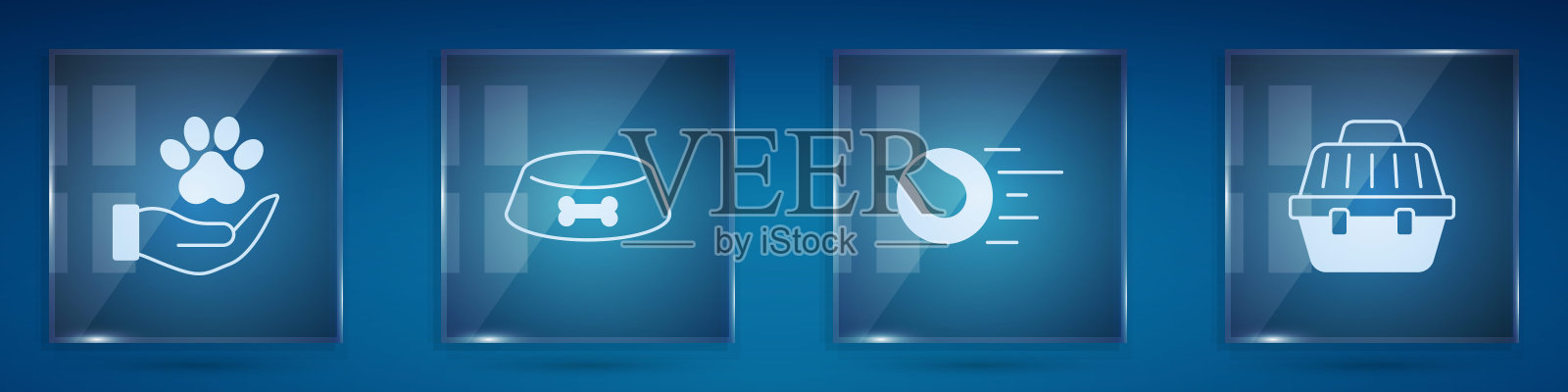 手与动物足迹，宠物食品碗猫或狗，玩具球和手提箱。方形玻璃板。向量插画图片素材