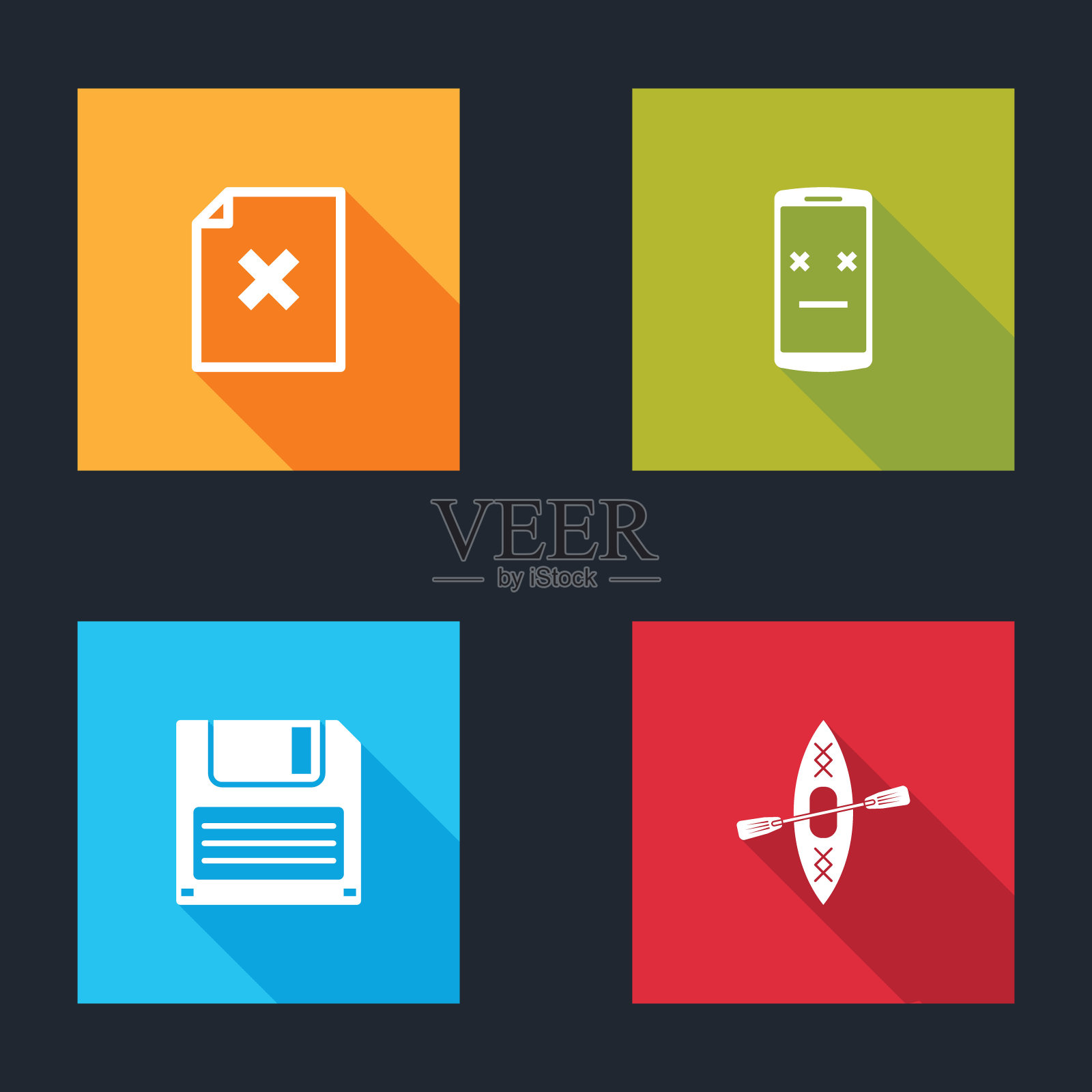 设置删除文件文档，死亡手机，软盘和皮艇和划桨图标。向量插画图片素材