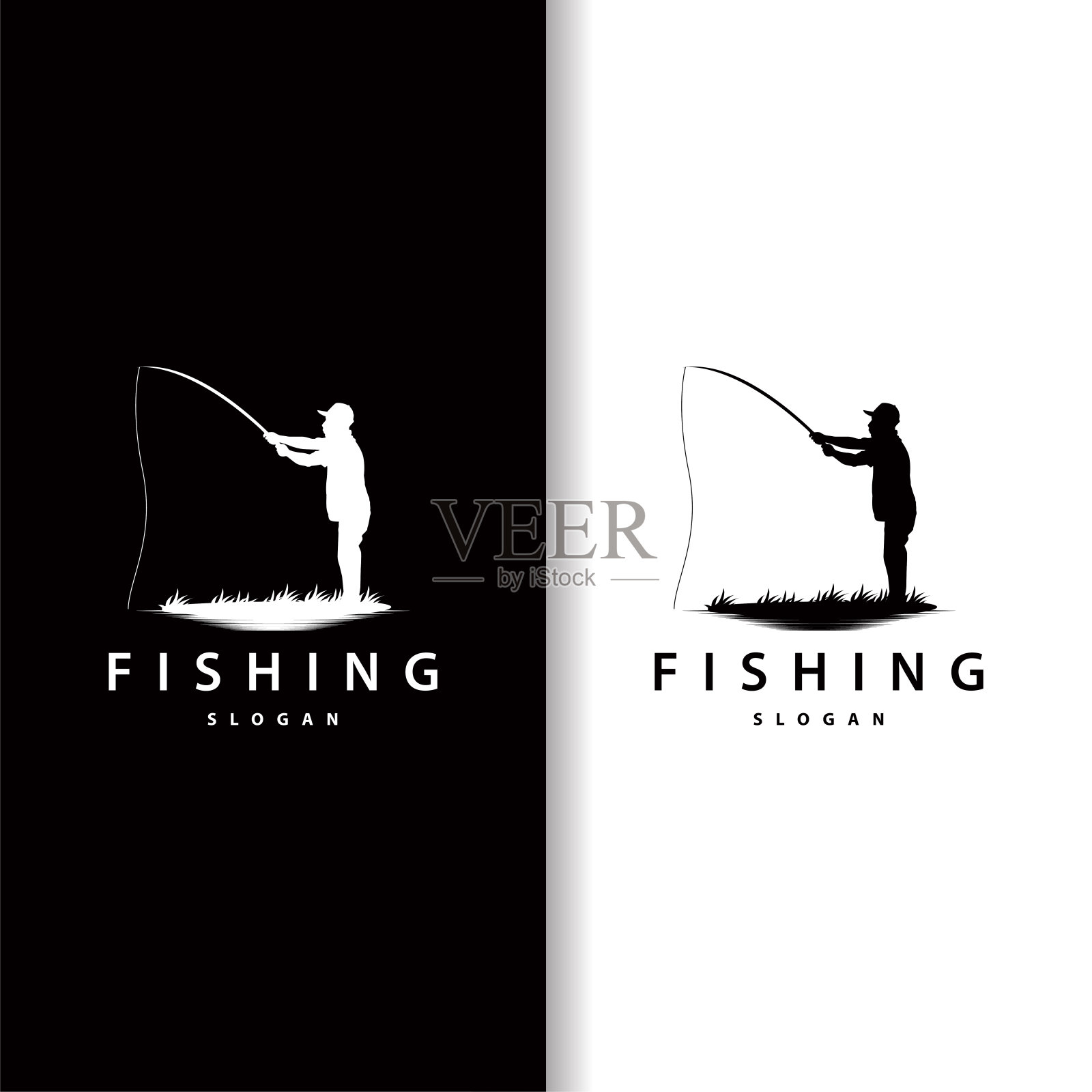 垂钓者钓鱼符号，简单的户外钓鱼男子轮廓模板设计插画图片素材