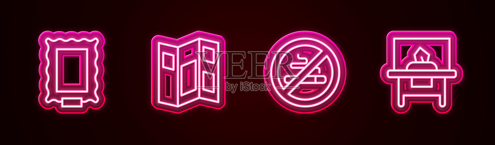 设置线路图片，博物馆导览手册，禁止吸烟和玻璃展柜。发光的霓虹灯图标。向量插画图片素材