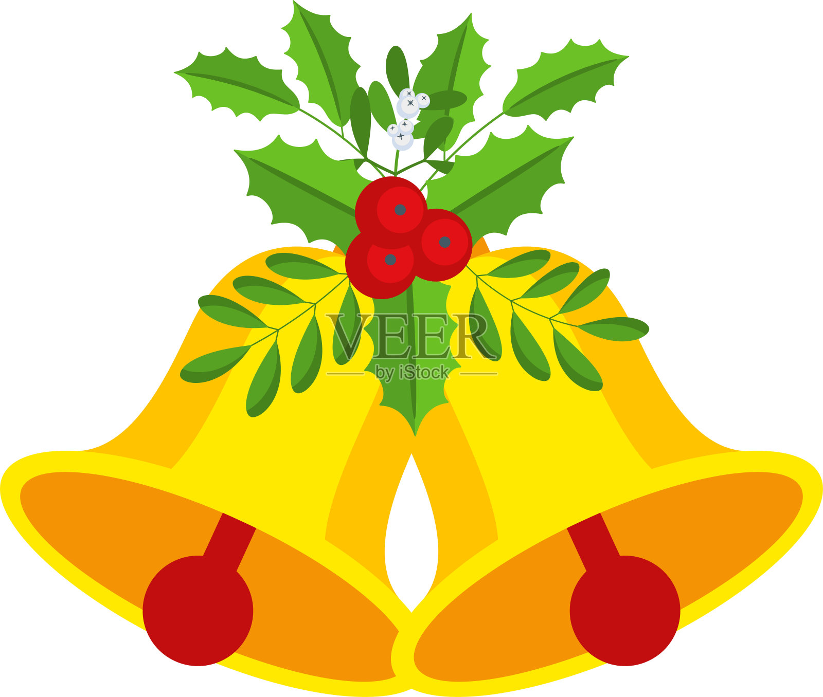 两个圣诞铃铛和冬青浆果花环。插画图片素材