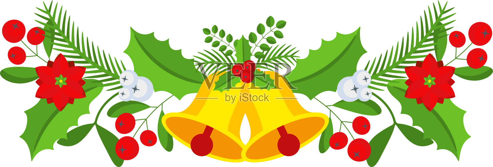 圣诞花环用铃铛和植物的树枝，花和浆果。插画图片素材