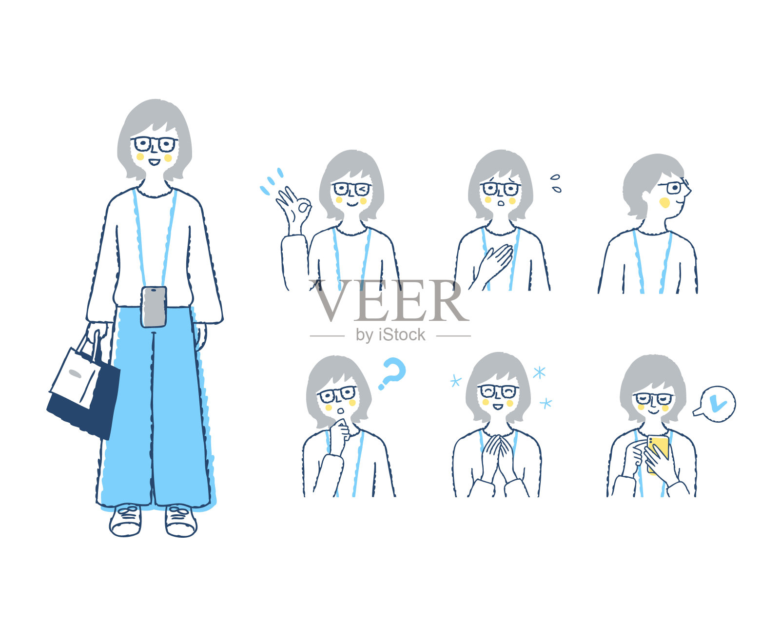 女性面部表情变异集插画图片素材