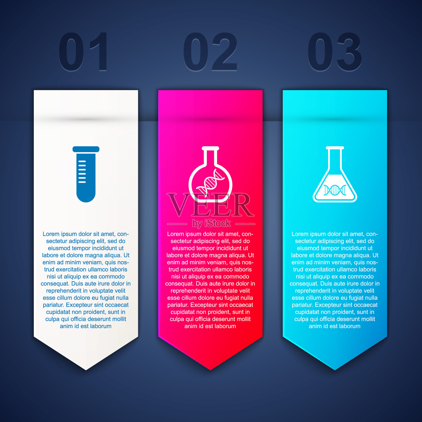 设置试管或烧瓶，DNA研究，搜索和。业务信息图表模板。向量插画图片素材