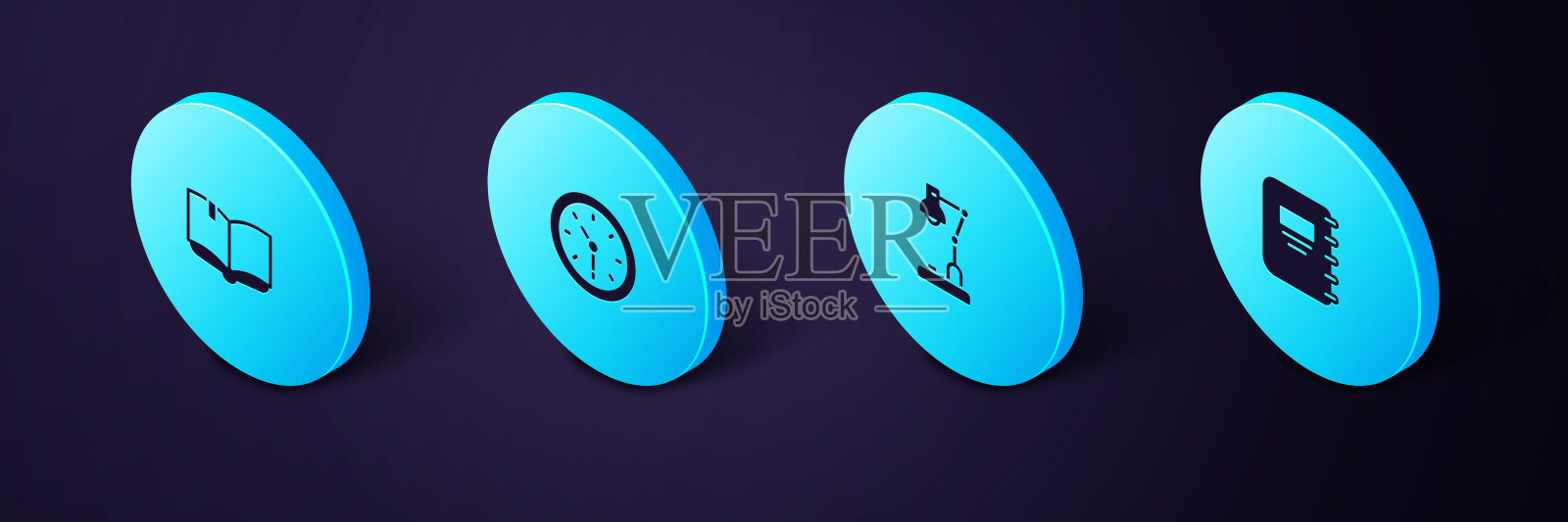 设置等距笔记本，台灯，时钟和打开图标。向量插画图片素材