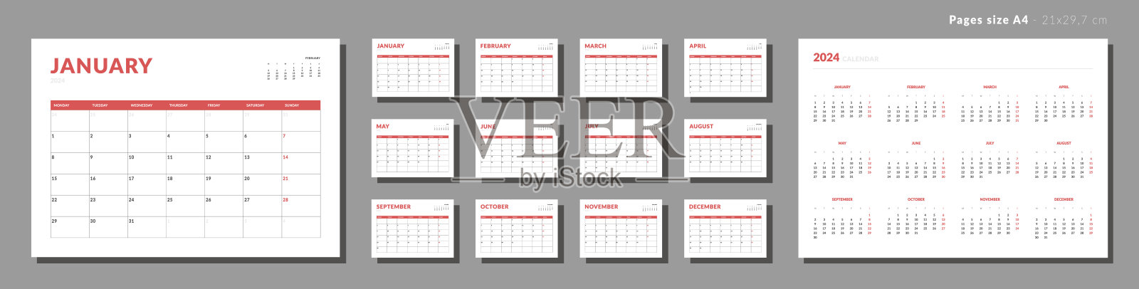 一套每月页面日历计划模板2024。矢量布局的墙或书桌简单的日历与周开始星期一。日历网格在黑色印刷。页码为A4或21x29.7公分插画图片素材