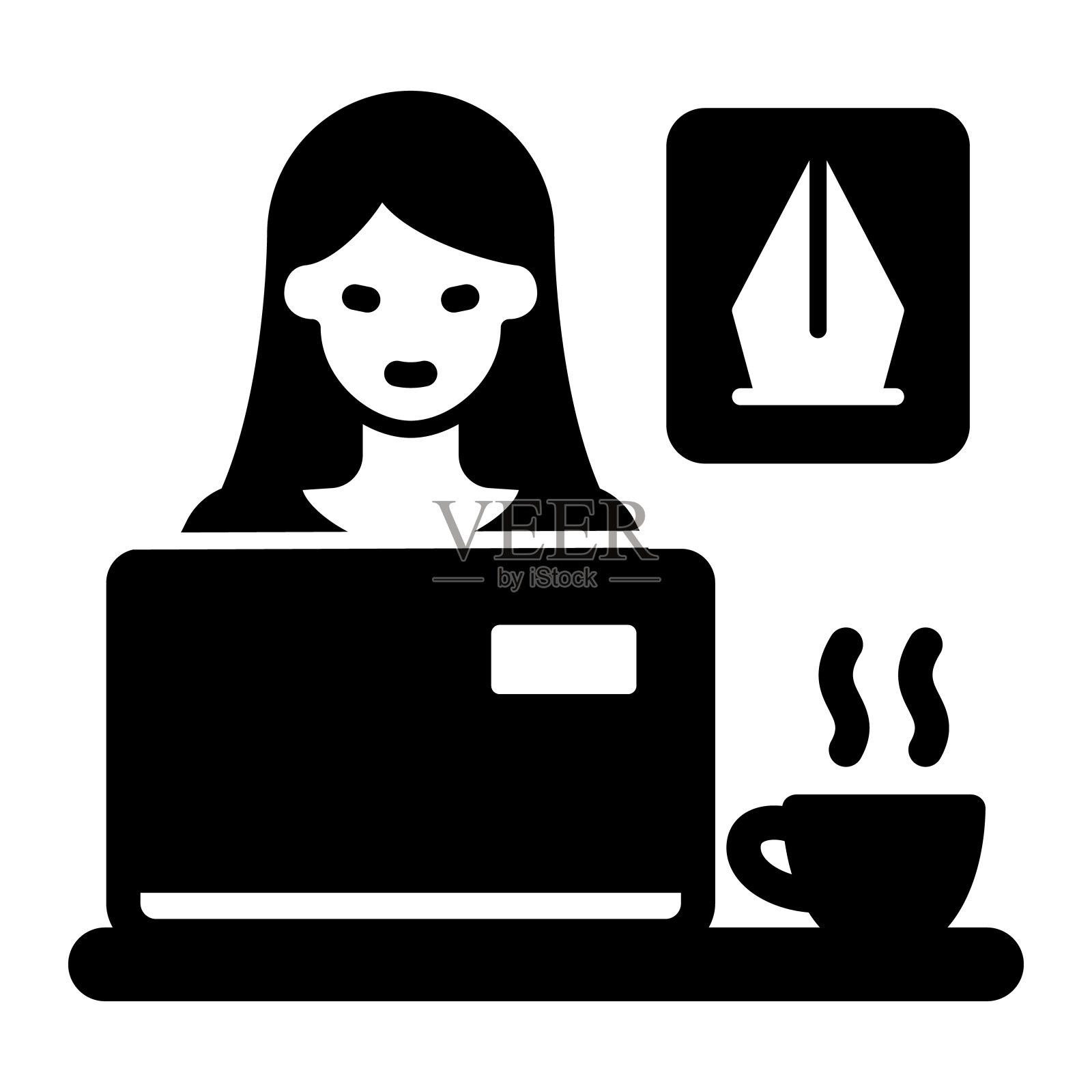 女设计师工作在笔记本电脑和咖啡固体图标，工作概念，建筑师矢量标志在白色背景，字形风格图标移动概念网页设计。矢量图形。插画图片素材